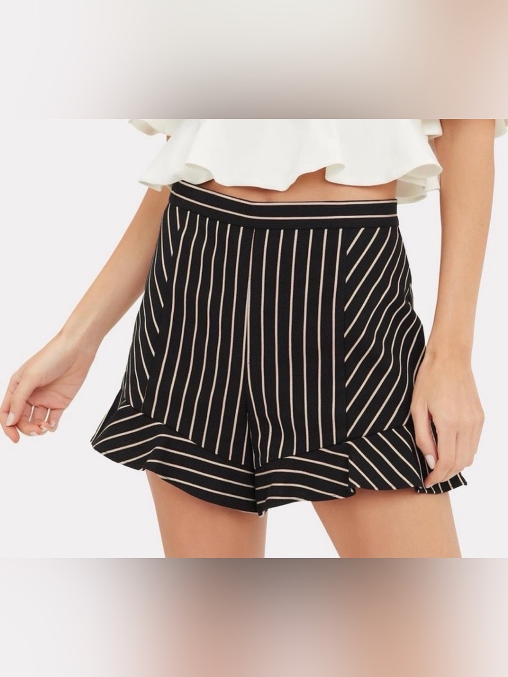 INTERMIX Black and Cream Striped Ruffle-Hem Short